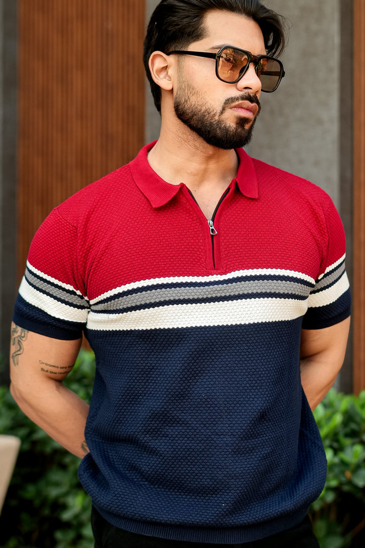 Red Navy Premium Flat knit Colorblocked Zipper Polo T-shirt