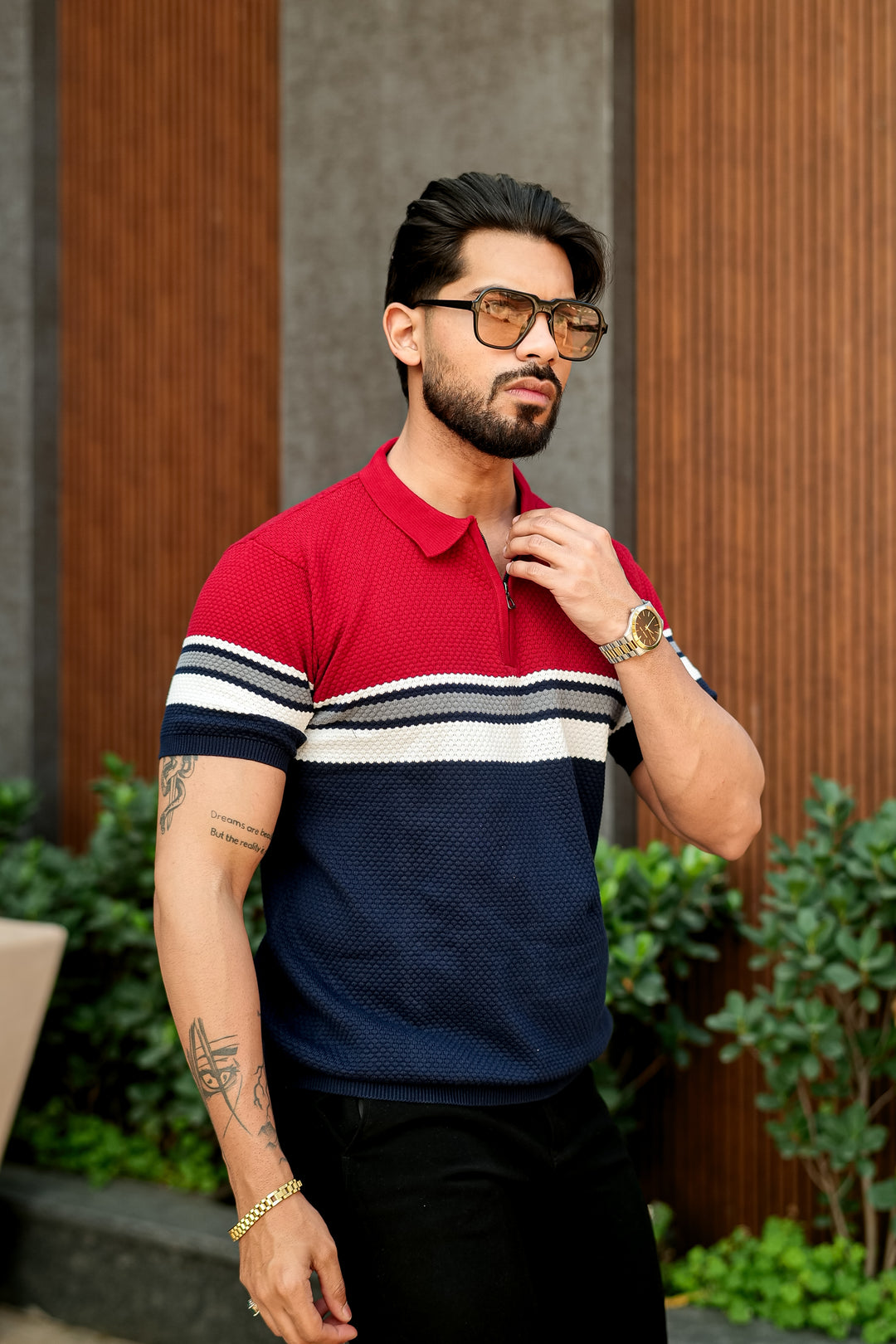 Red Navy Premium Flat knit Colorblocked Zipper Polo T-shirt