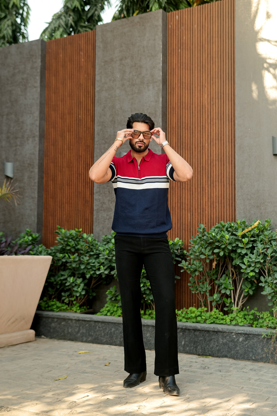 Red Navy Premium Flat knit Colorblocked Zipper Polo T-shirt