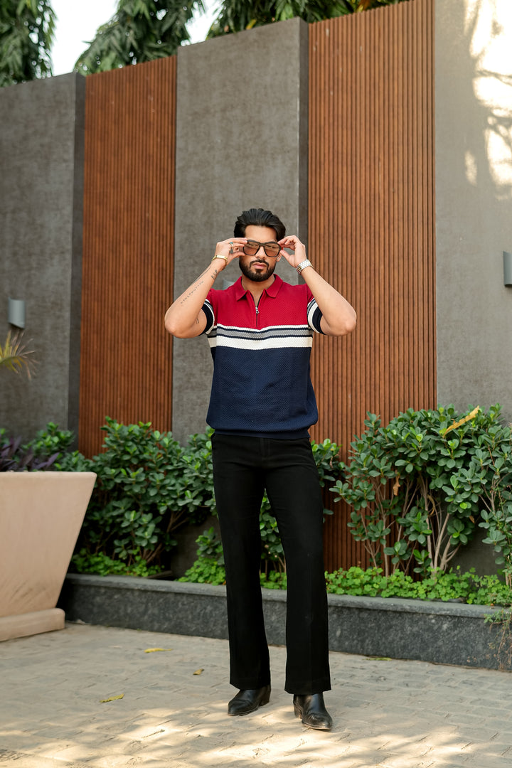 Red Navy Premium Flat knit Colorblocked Zipper Polo T-shirt