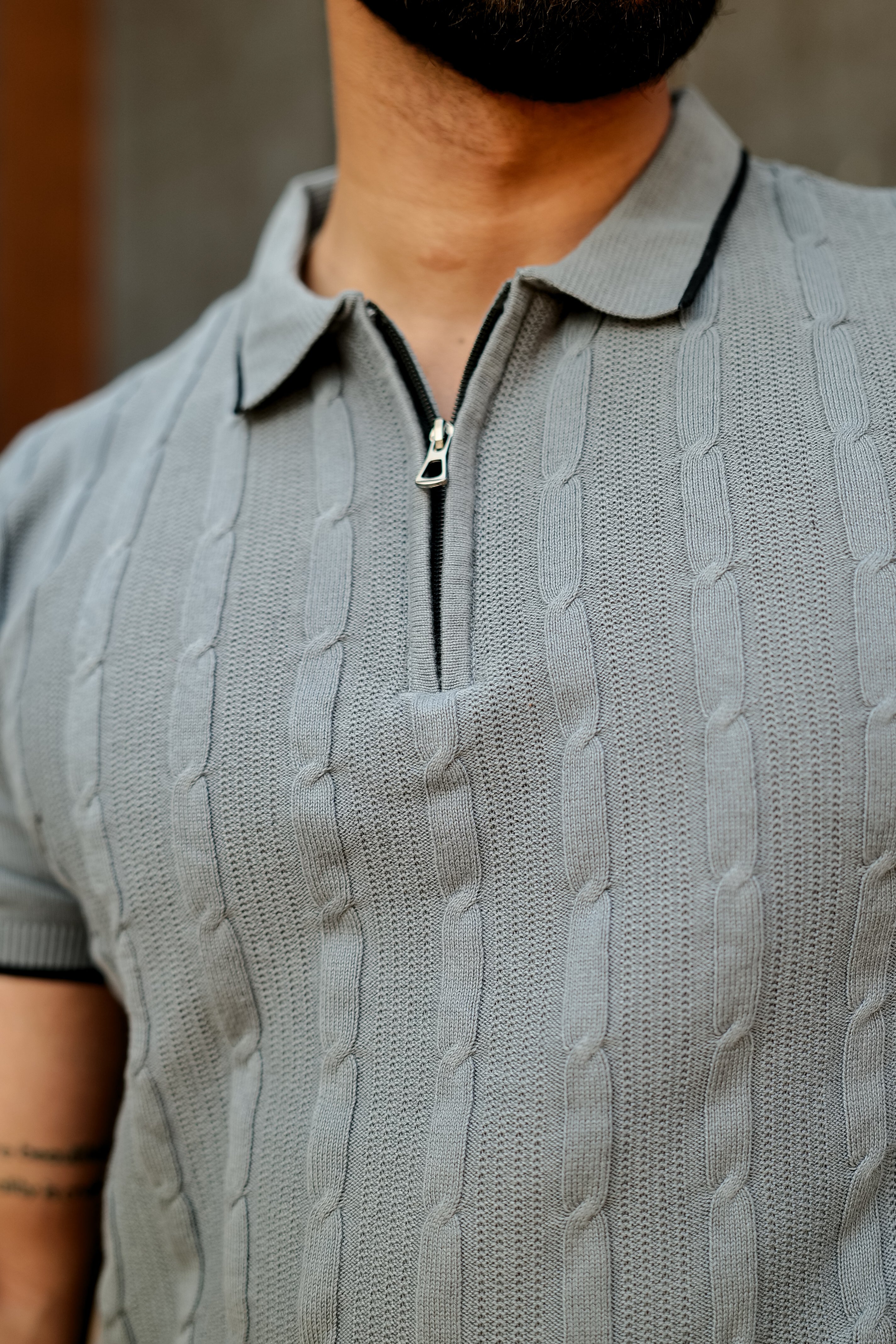 Grey Premium Flat Knit Zipper Polo T-Shirt