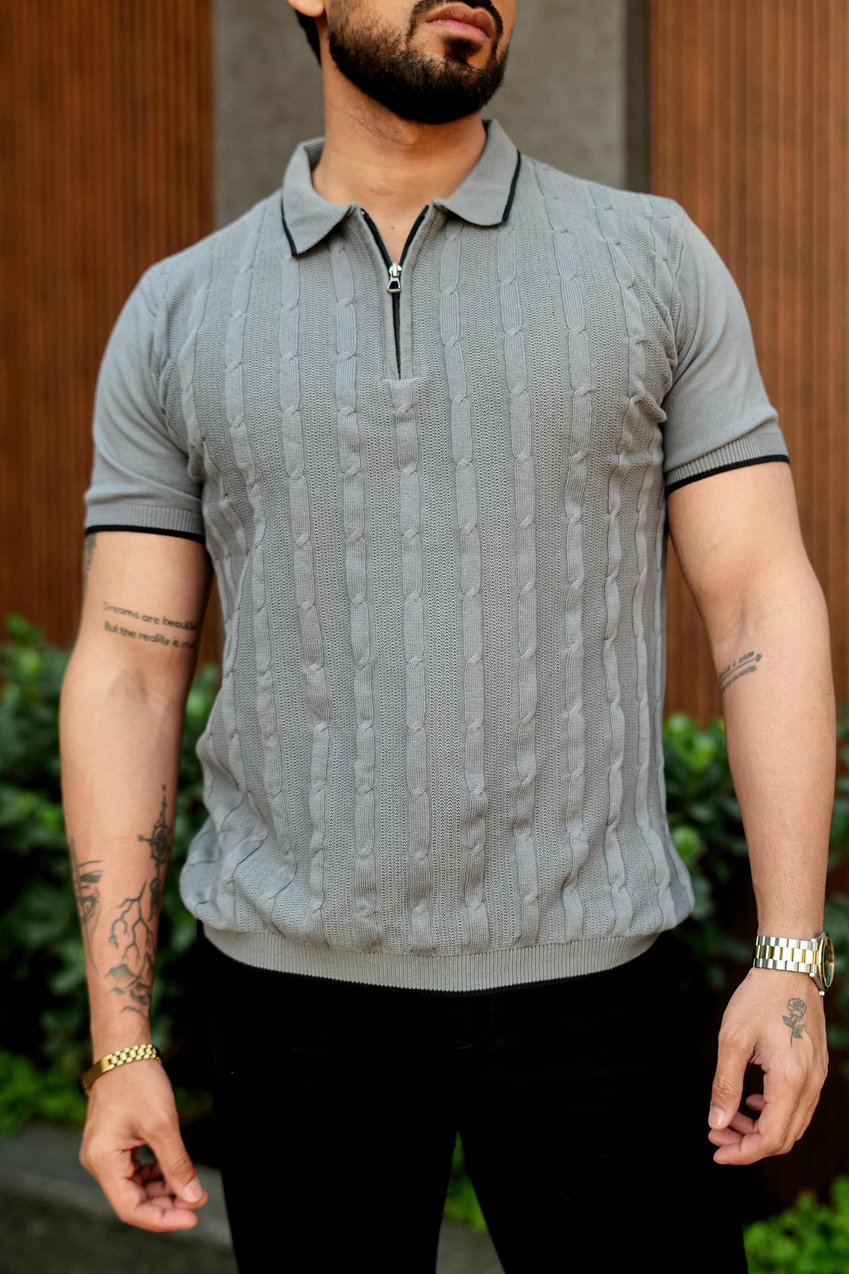 Grey Premium Flat Knit Zipper Polo T-Shirt