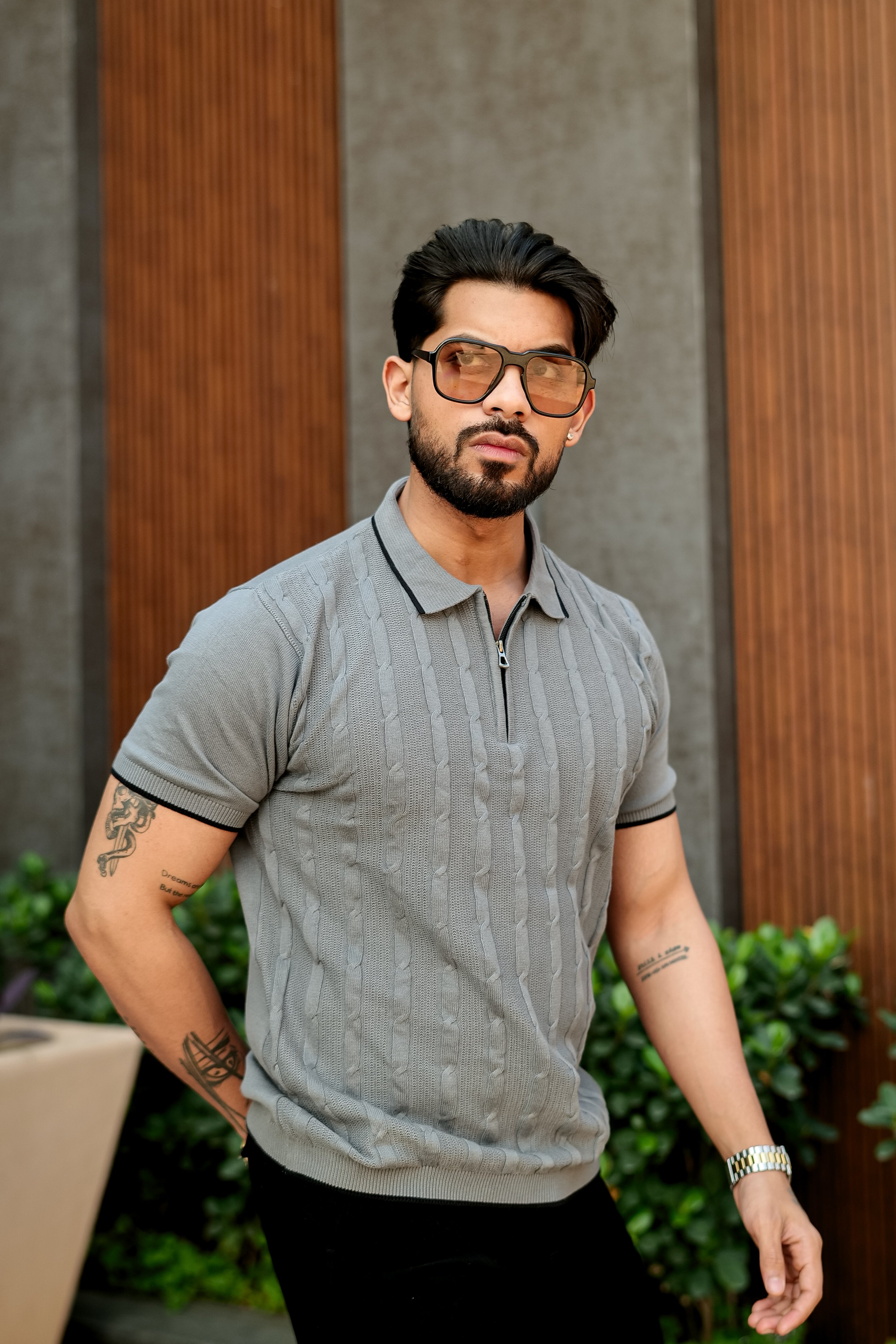 Grey Premium Flat Knit Zipper Polo T-Shirt