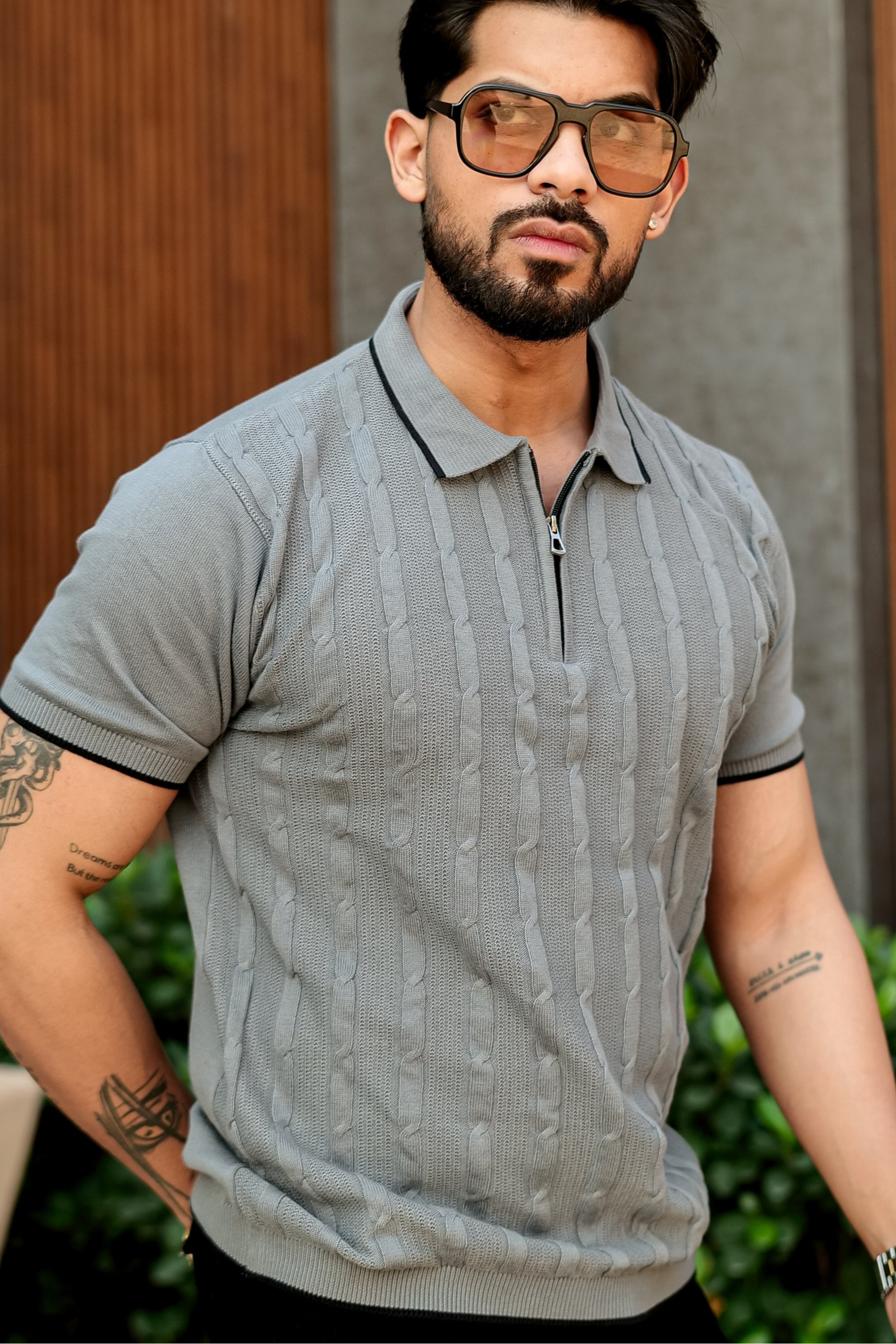 Grey Premium Flat Knit Zipper Polo T-Shirt