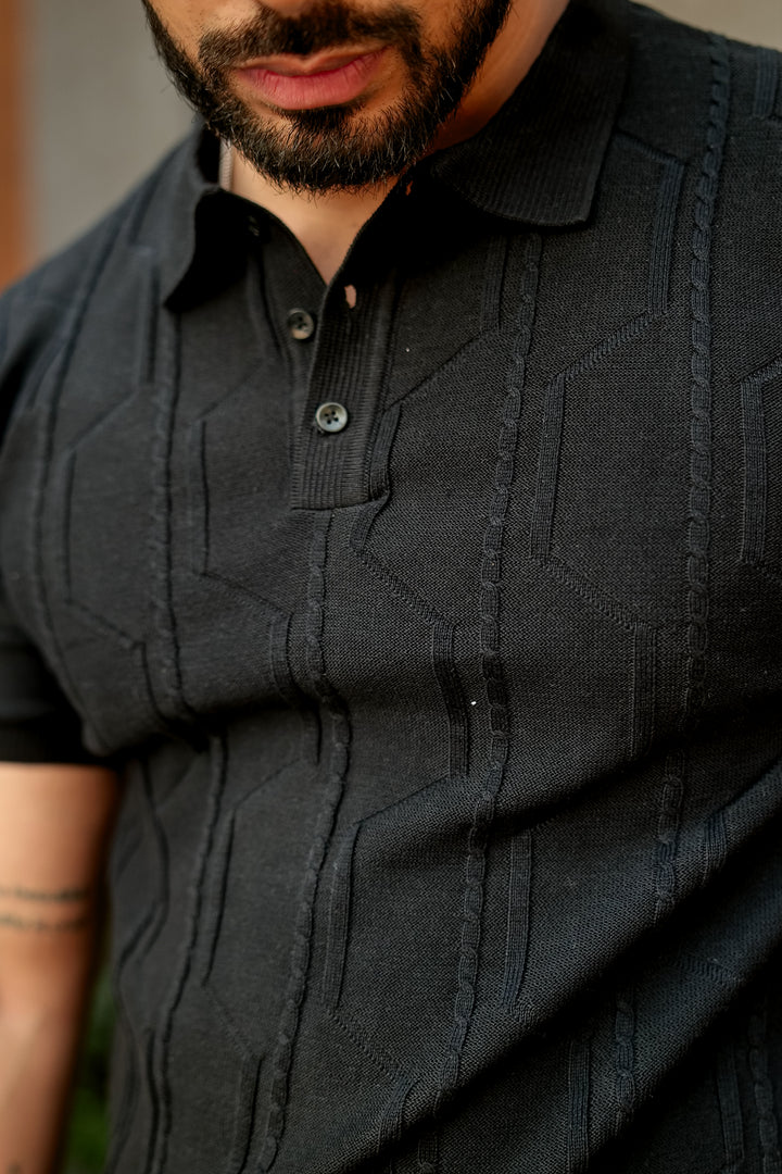 Black Premium Flat Knit Polo T-Shirt