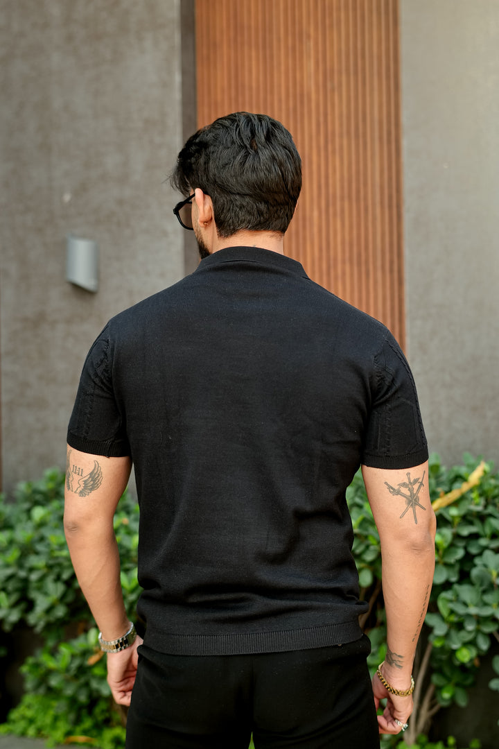 Black Premium Flat Knit Polo T-Shirt
