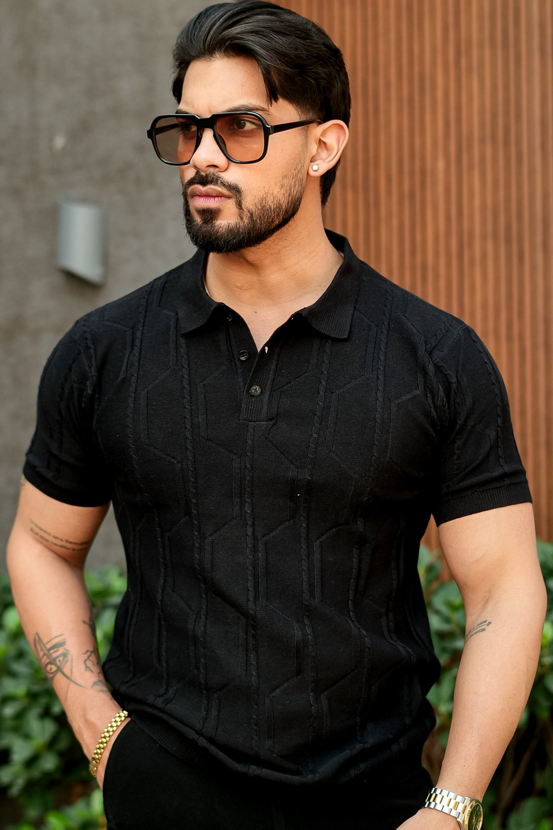 Black Premium Flat Knit Polo T-Shirt