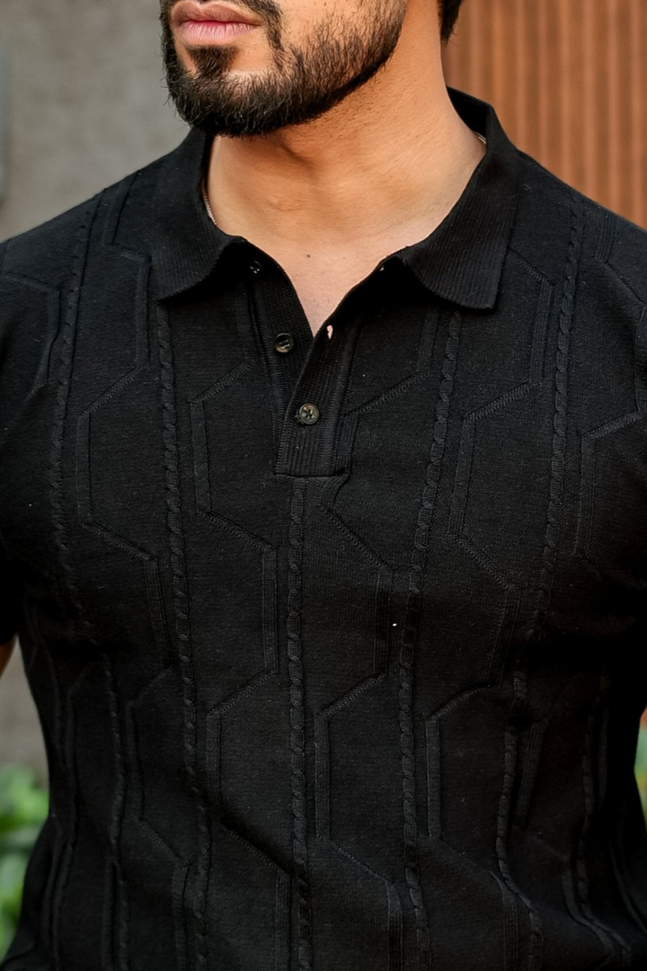 Black Premium Flat Knit Polo T-Shirt