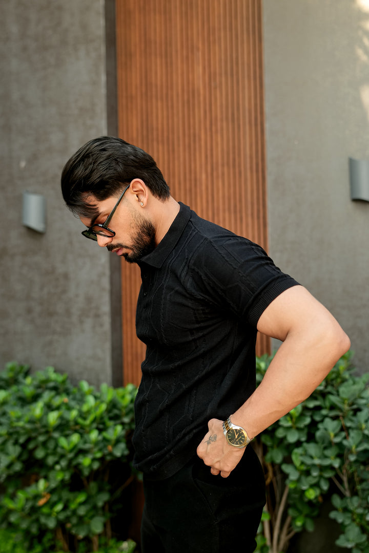 Black Premium Flat Knit Polo T-Shirt