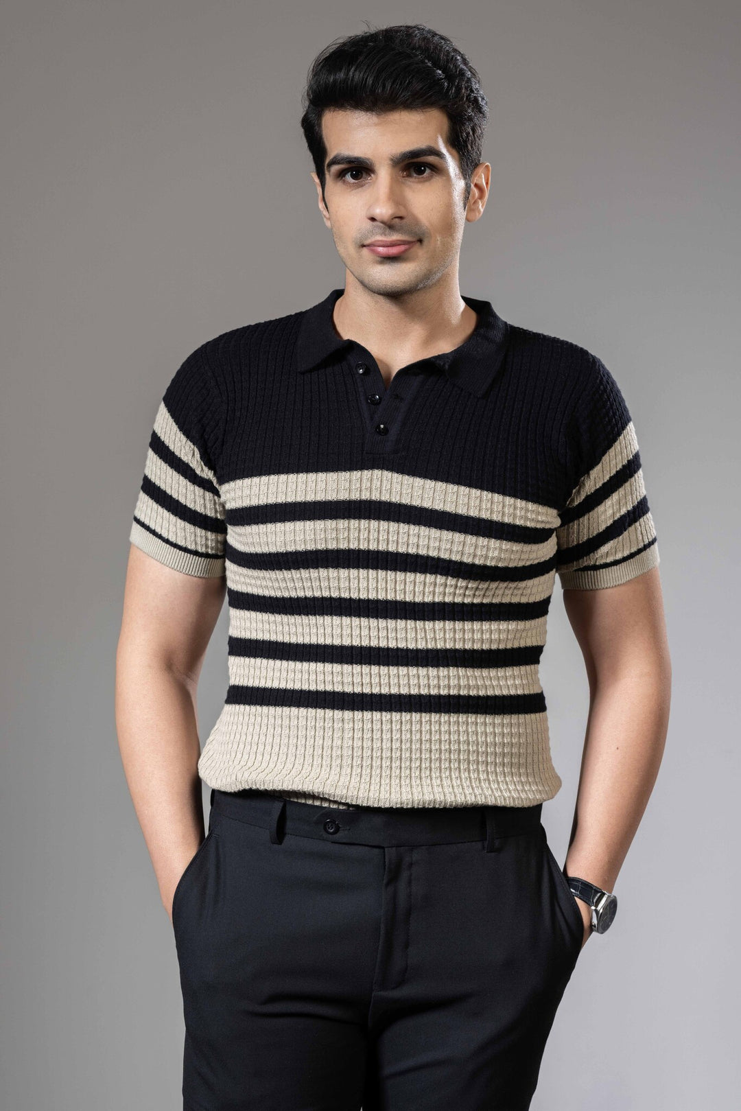 Striper Textured Premium Flat Knit Polo T-Shirt