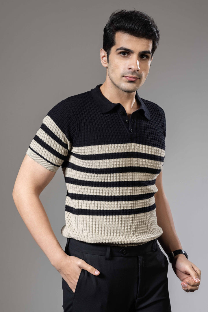 Striper Textured Premium Flat Knit Polo T-Shirt