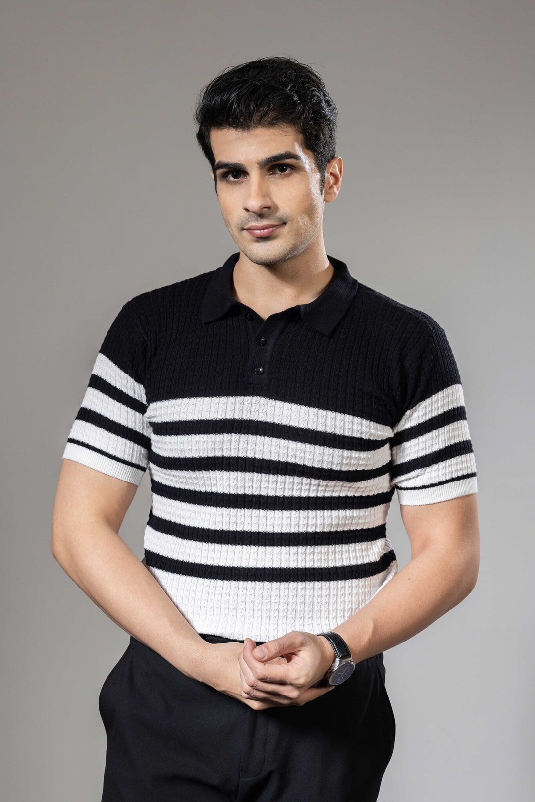 Striper Embedded Flat Knit Premium Polo T-Shirt