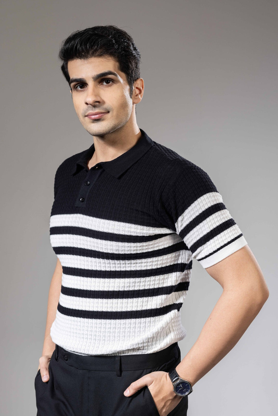 Striper Embedded Flat Knit Premium Polo T-Shirt