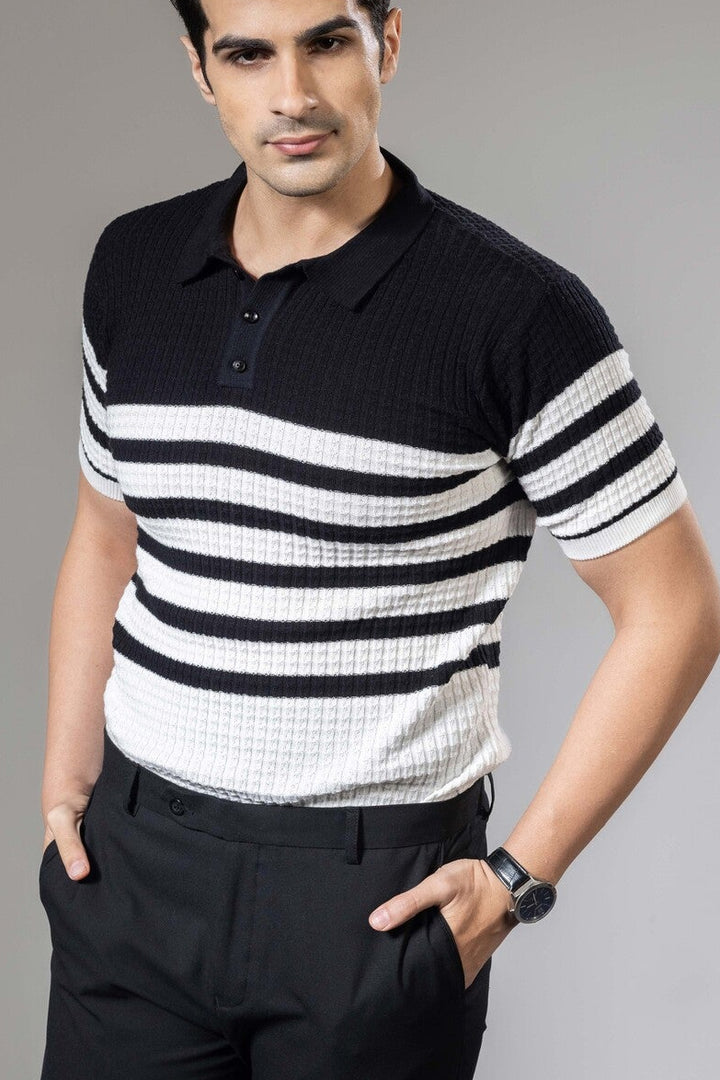Striper Embedded Flat Knit Premium Polo T-Shirt