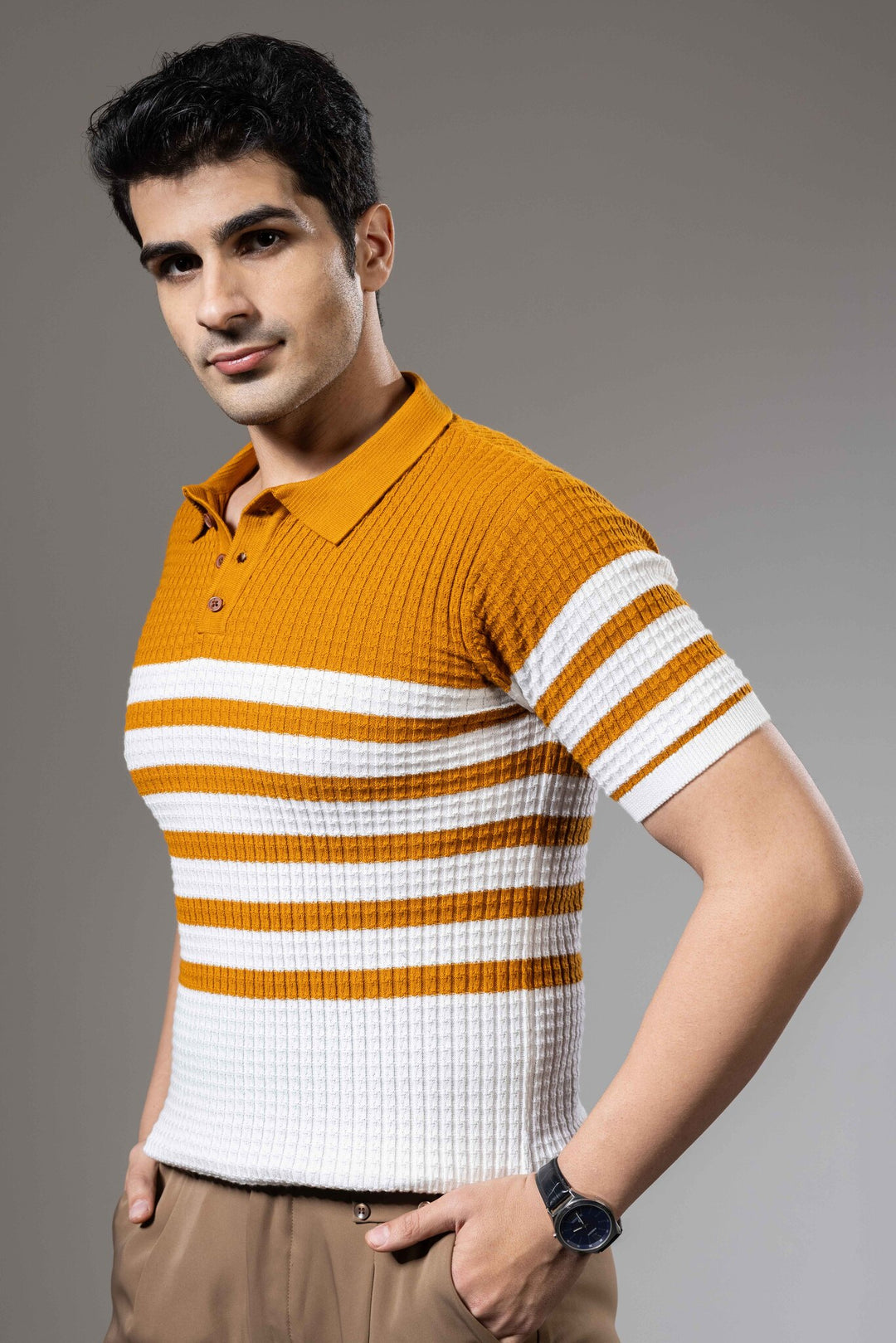 Textured Striper Premium Flat Knit Polo T-Shirt