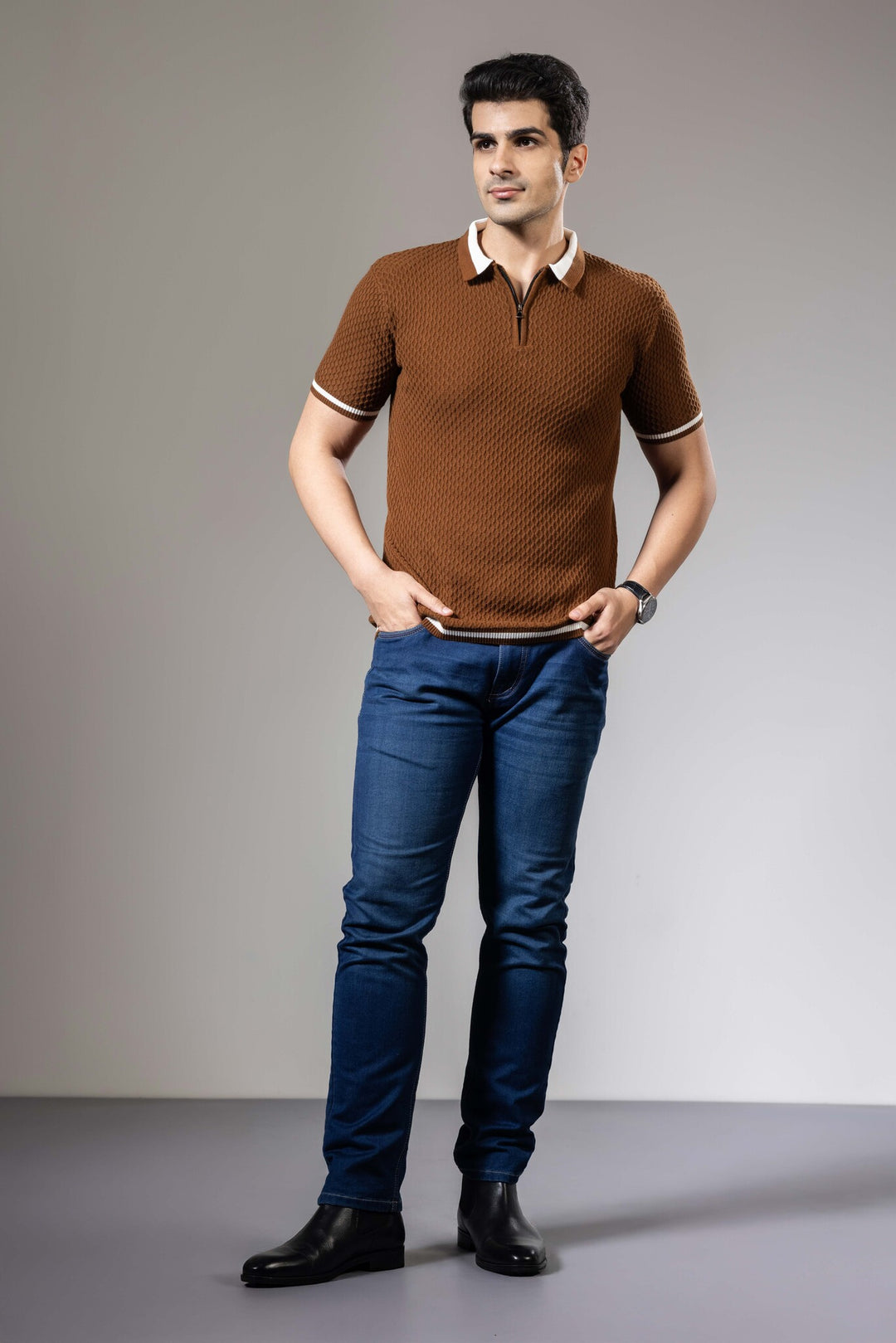 Brown White Self Desing Premium Flat Knit Polo T-Shirt