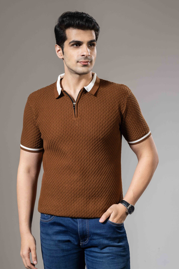 Brown White Self Desing Premium Flat Knit Polo T-Shirt