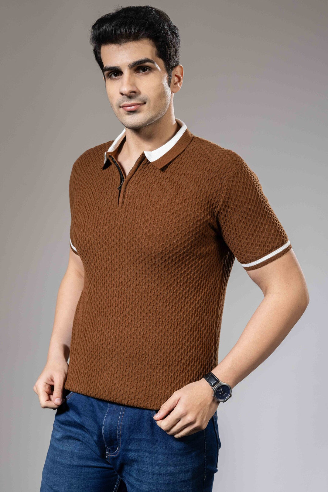Brown White Self Desing Premium Flat Knit Polo T-Shirt
