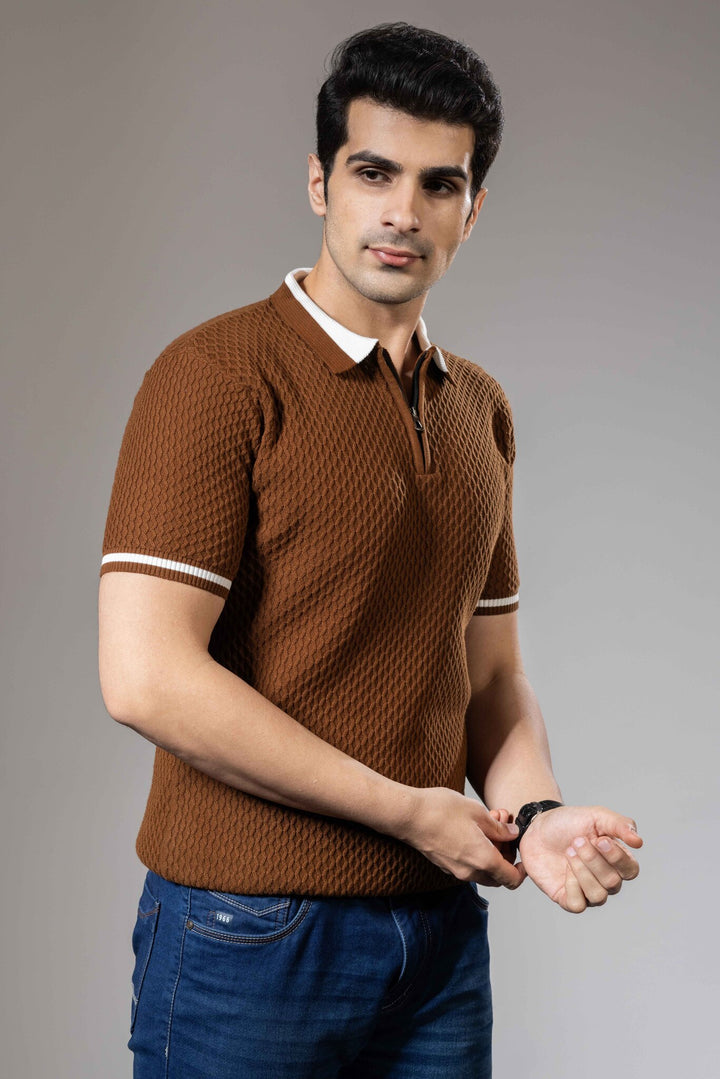 Brown White Self Desing Premium Flat Knit Polo T-Shirt
