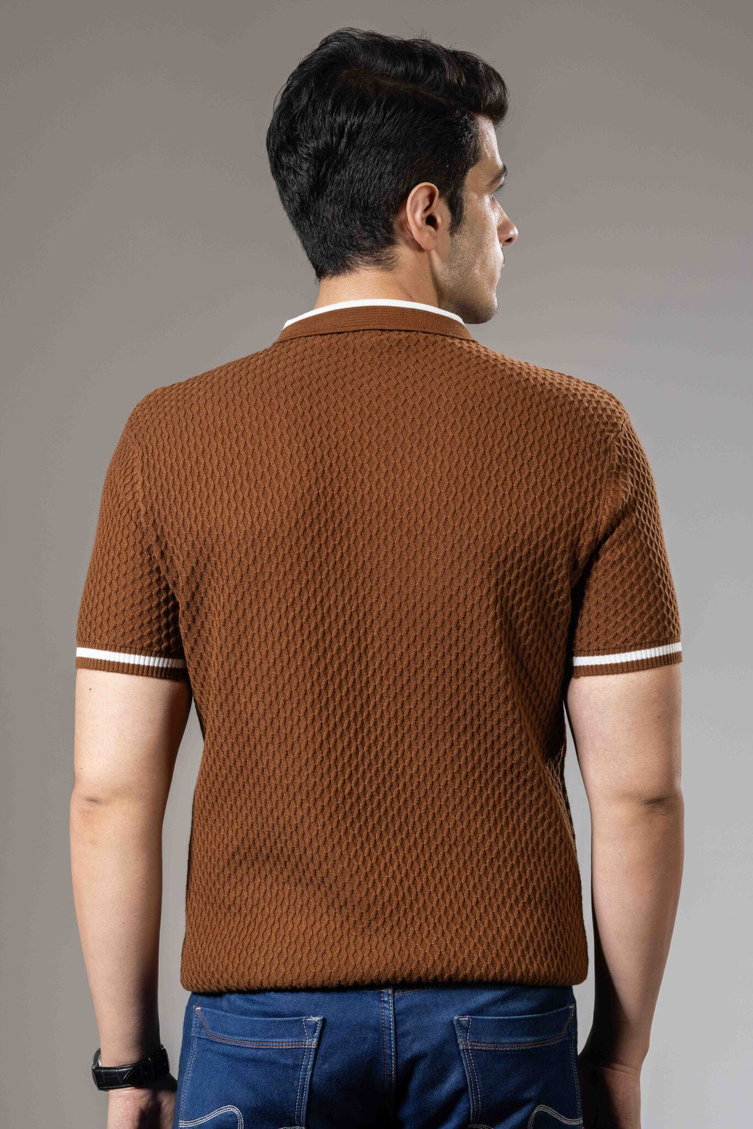 Brown White Self Desing Premium Flat Knit Polo T-Shirt