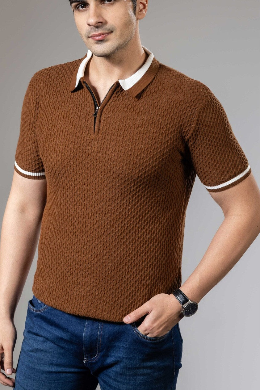 Brown White Self Desing Premium Flat Knit Polo T-Shirt