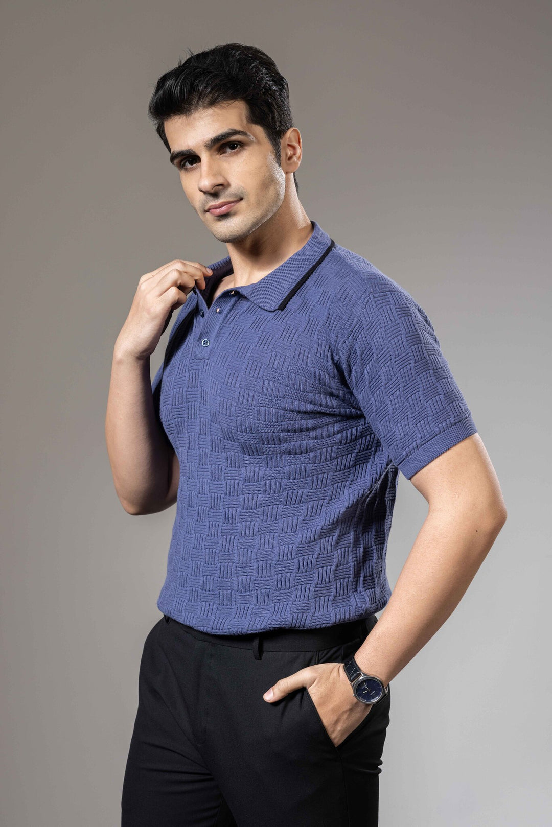 Embedded Textured Flat Knit Premium Polo T-Shirt