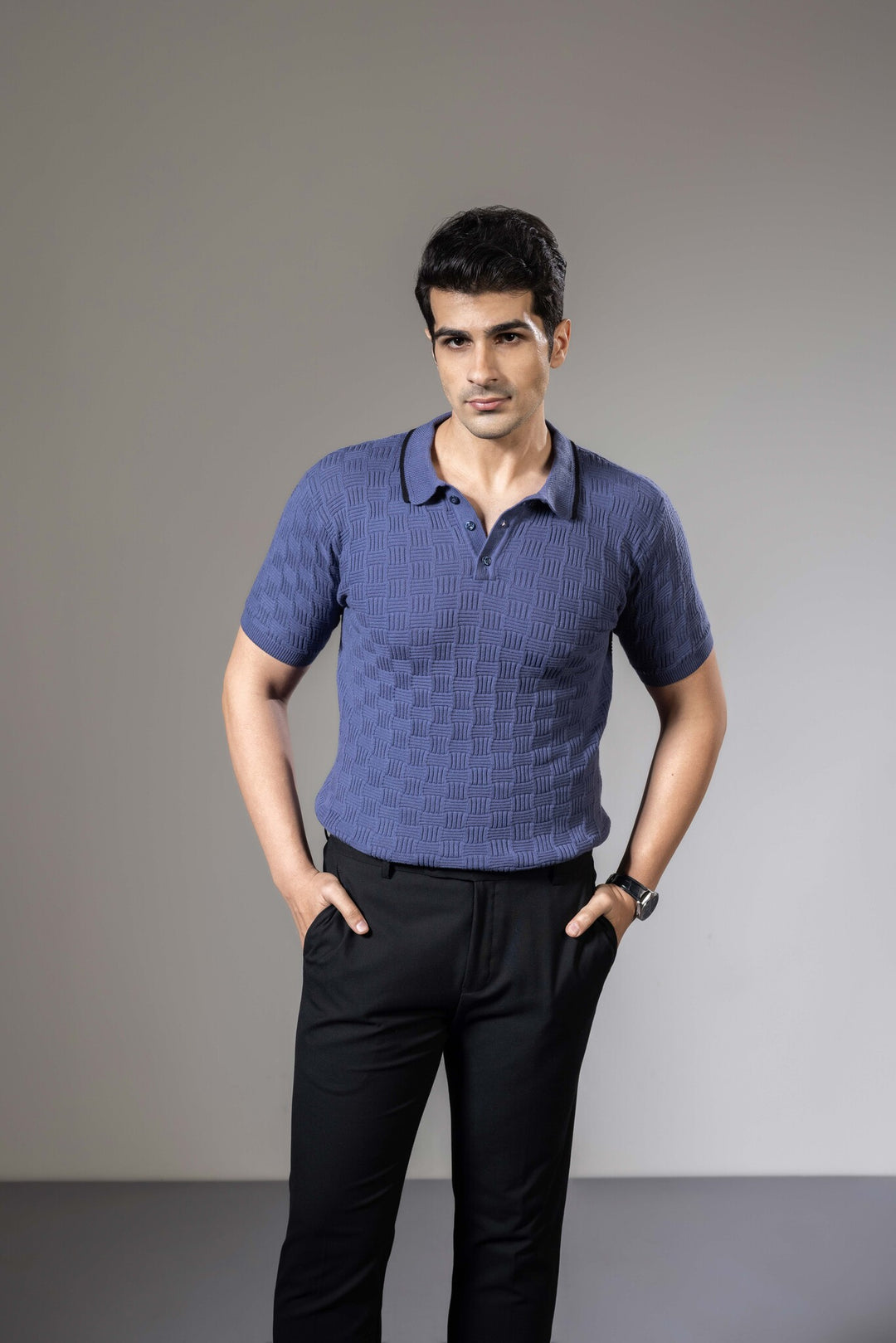 Embedded Textured Flat Knit Premium Polo T-Shirt