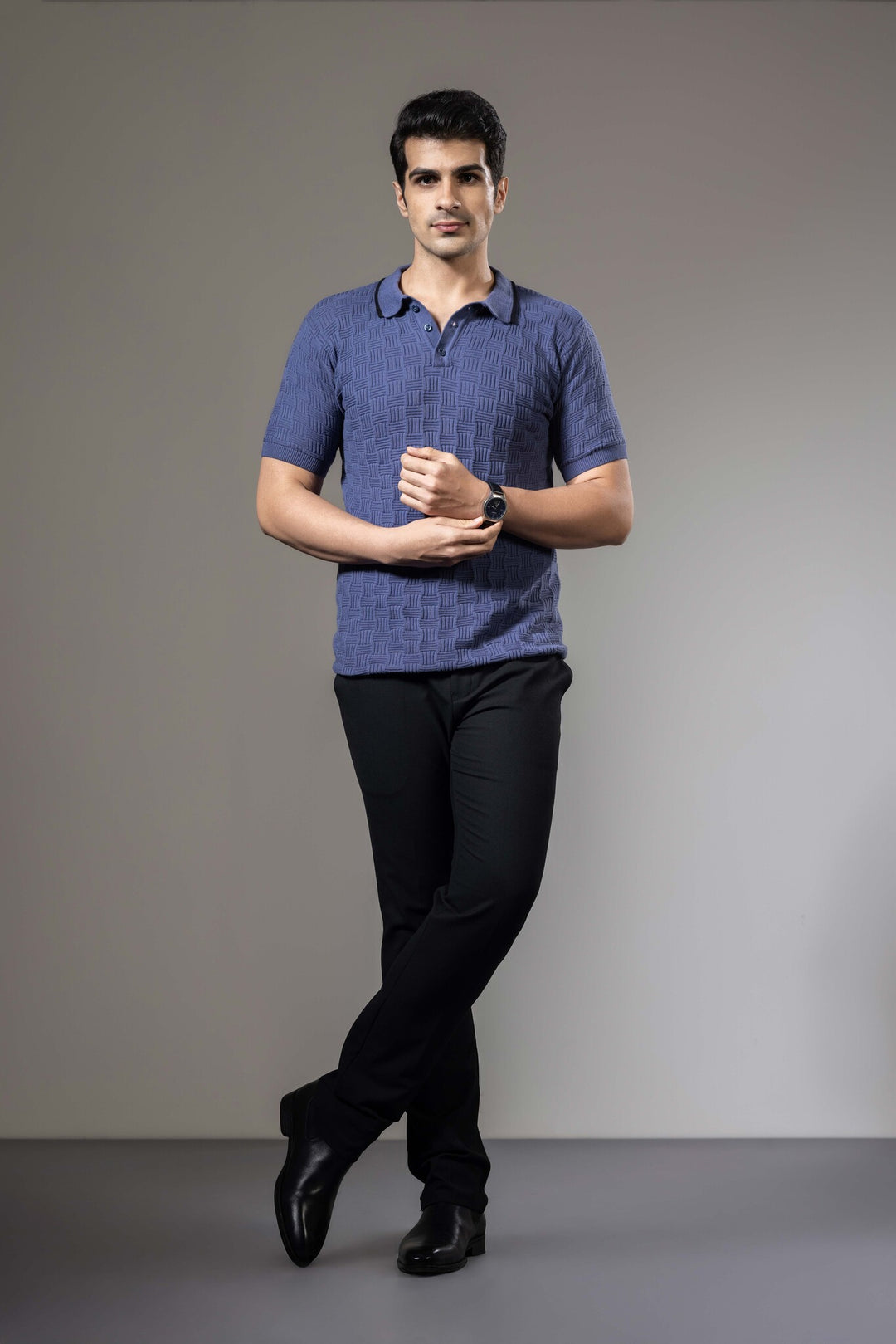 Embedded Textured Flat Knit Premium Polo T-Shirt