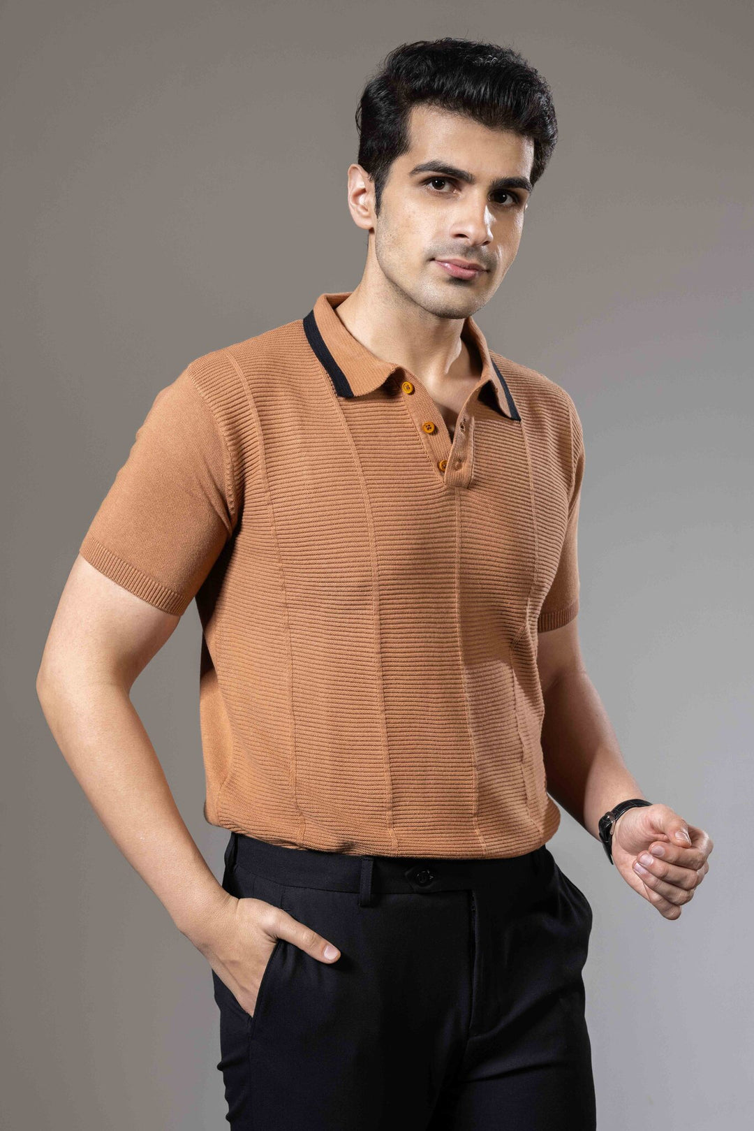 Embedded Textured Flat Knit Premium Polo T-Shirt