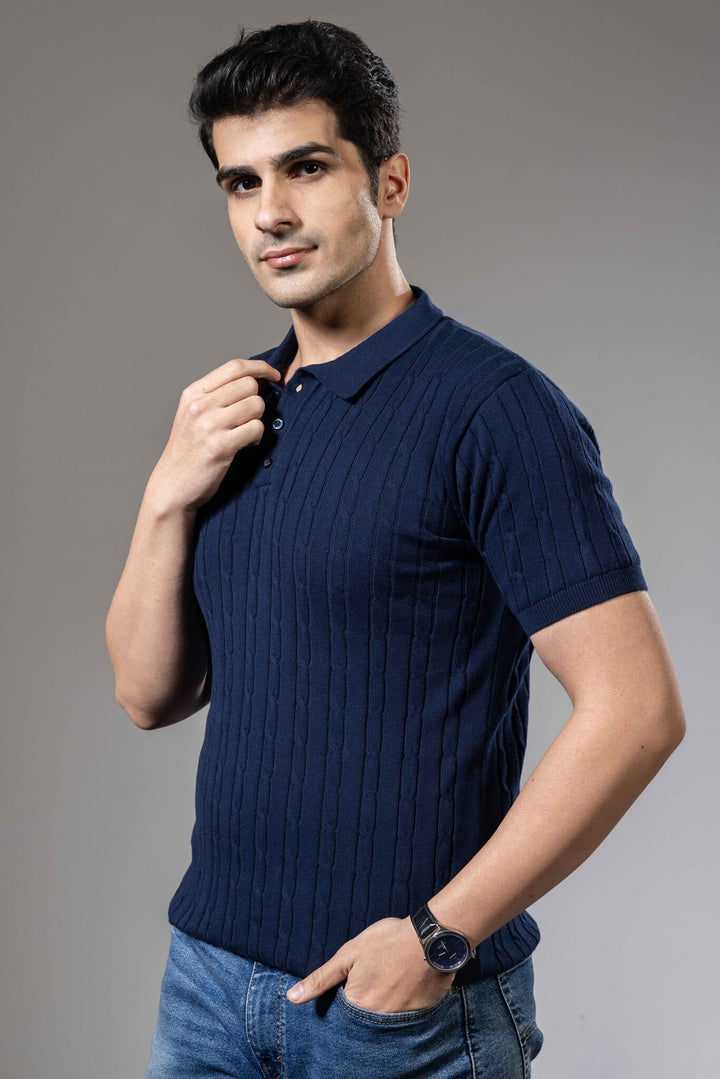 Dark Blue Self Design Premium Flat Knit Polo T-Shirt