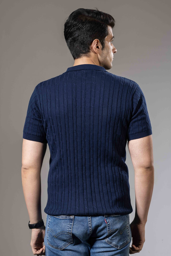 Dark Blue Self Design Premium Flat Knit Polo T-Shirt