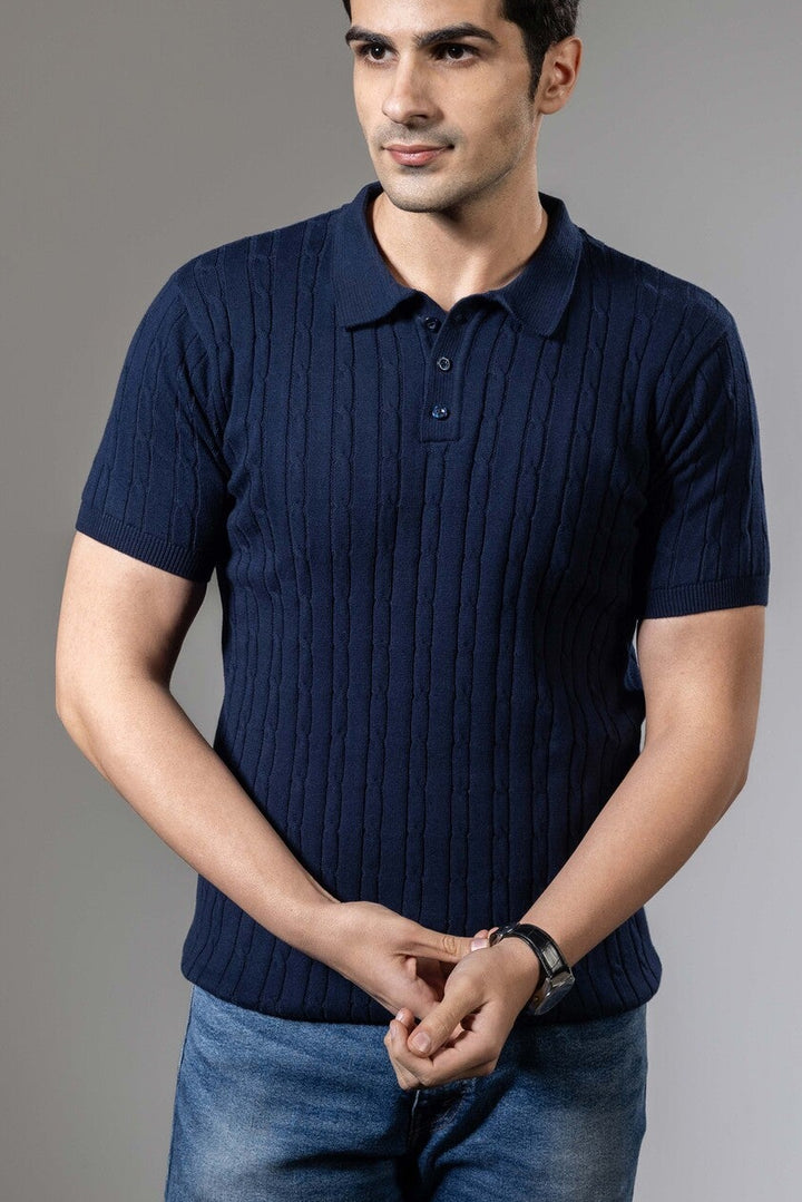 Dark Blue Self Design Premium Flat Knit Polo T-Shirt