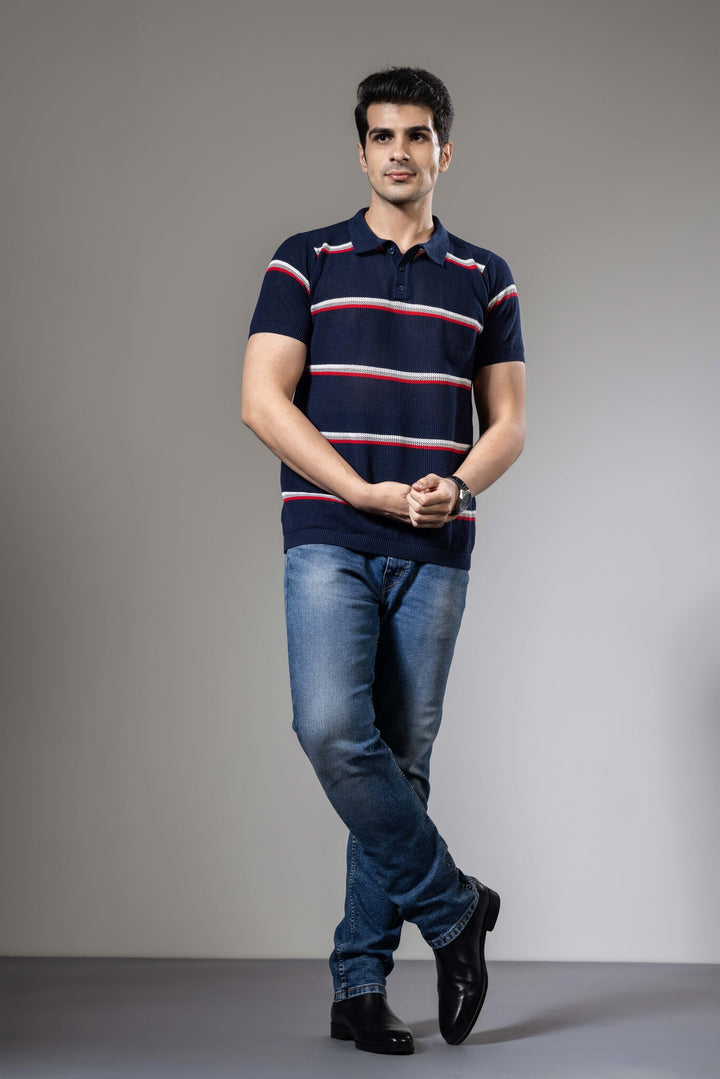 Navy Red Striped Premium Flat Knit Polo T-Shirt