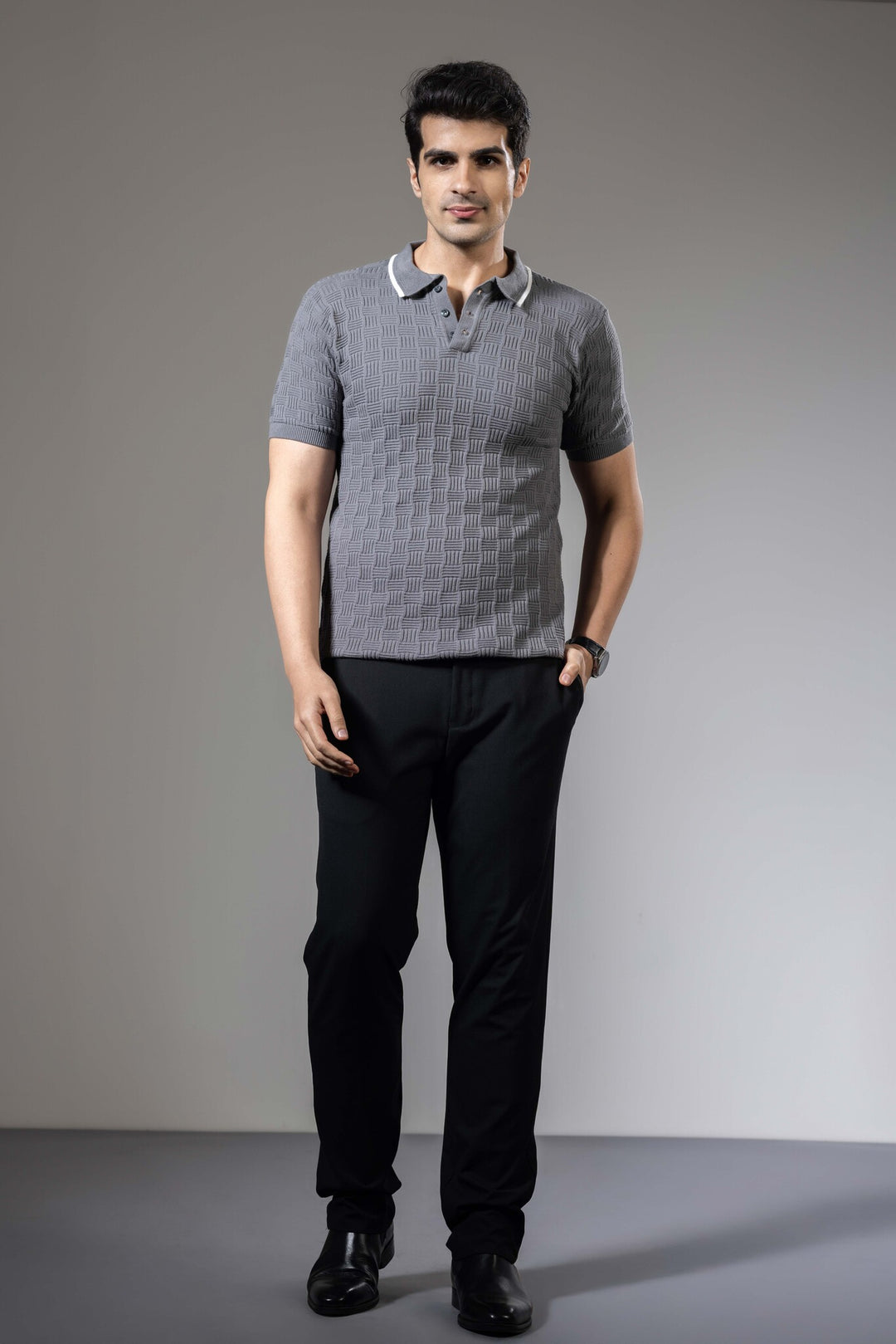 Embedded Textured Premium Flat Knit Polo T-Shirt