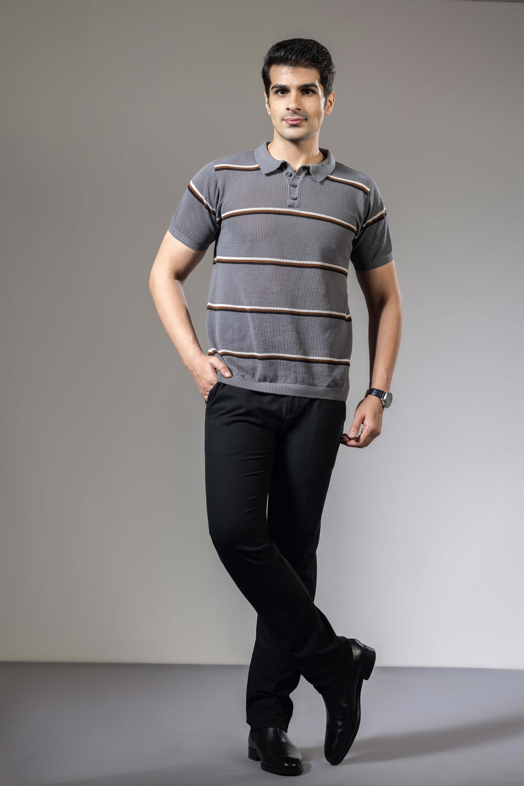 Grey Stripe Flat Knit Premium Polo T-Shirt