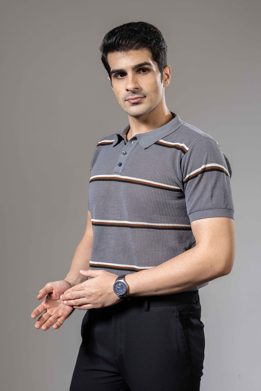 Grey Stripe Flat Knit Premium Polo T-Shirt