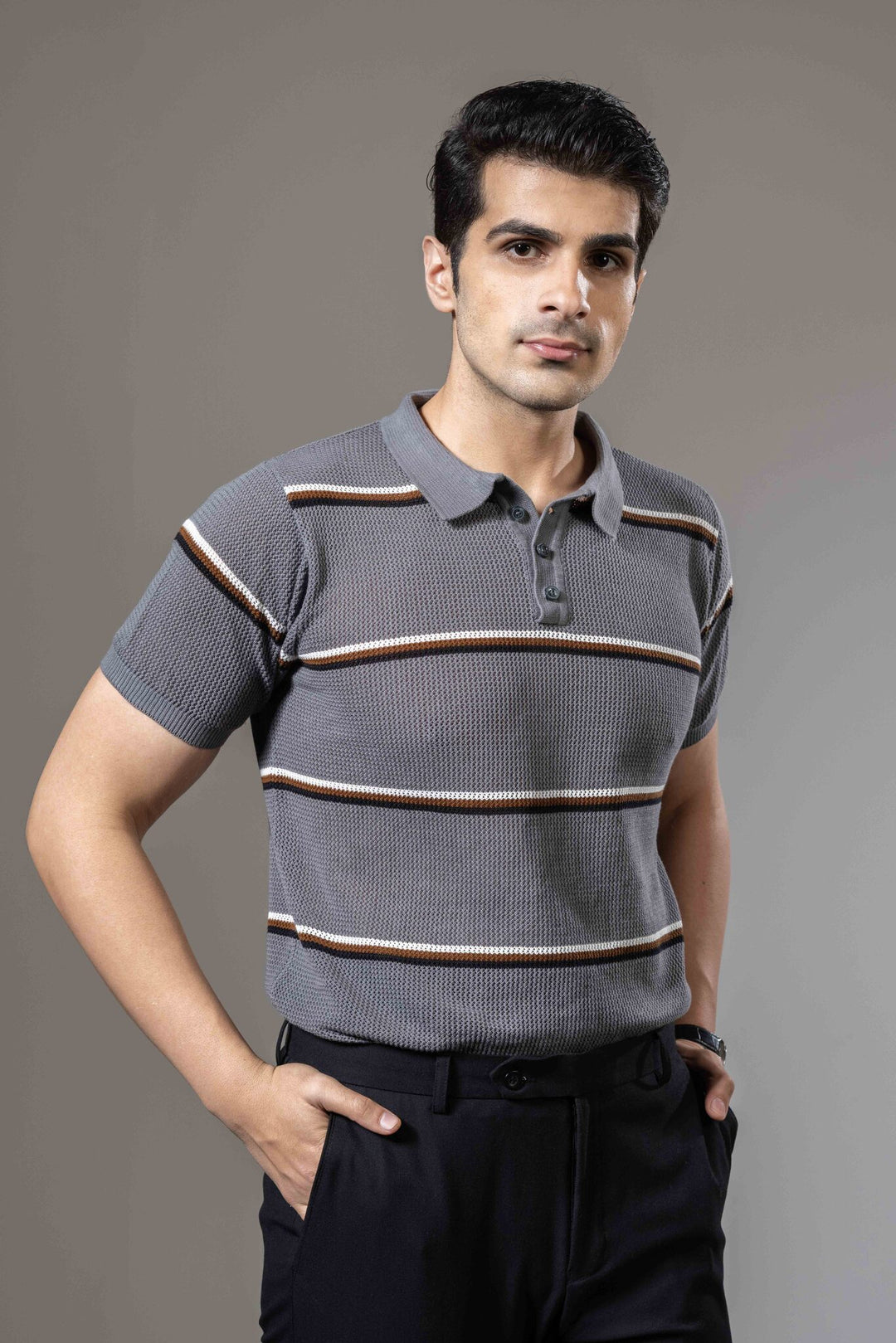 Grey Stripe Flat Knit Premium Polo T-Shirt