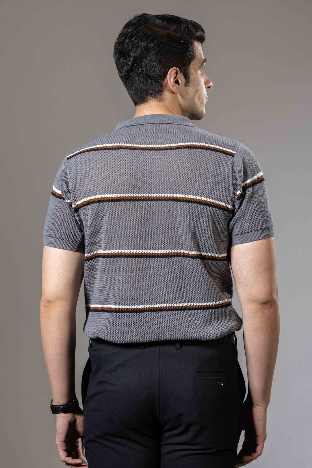 Grey Stripe Flat Knit Premium Polo T-Shirt