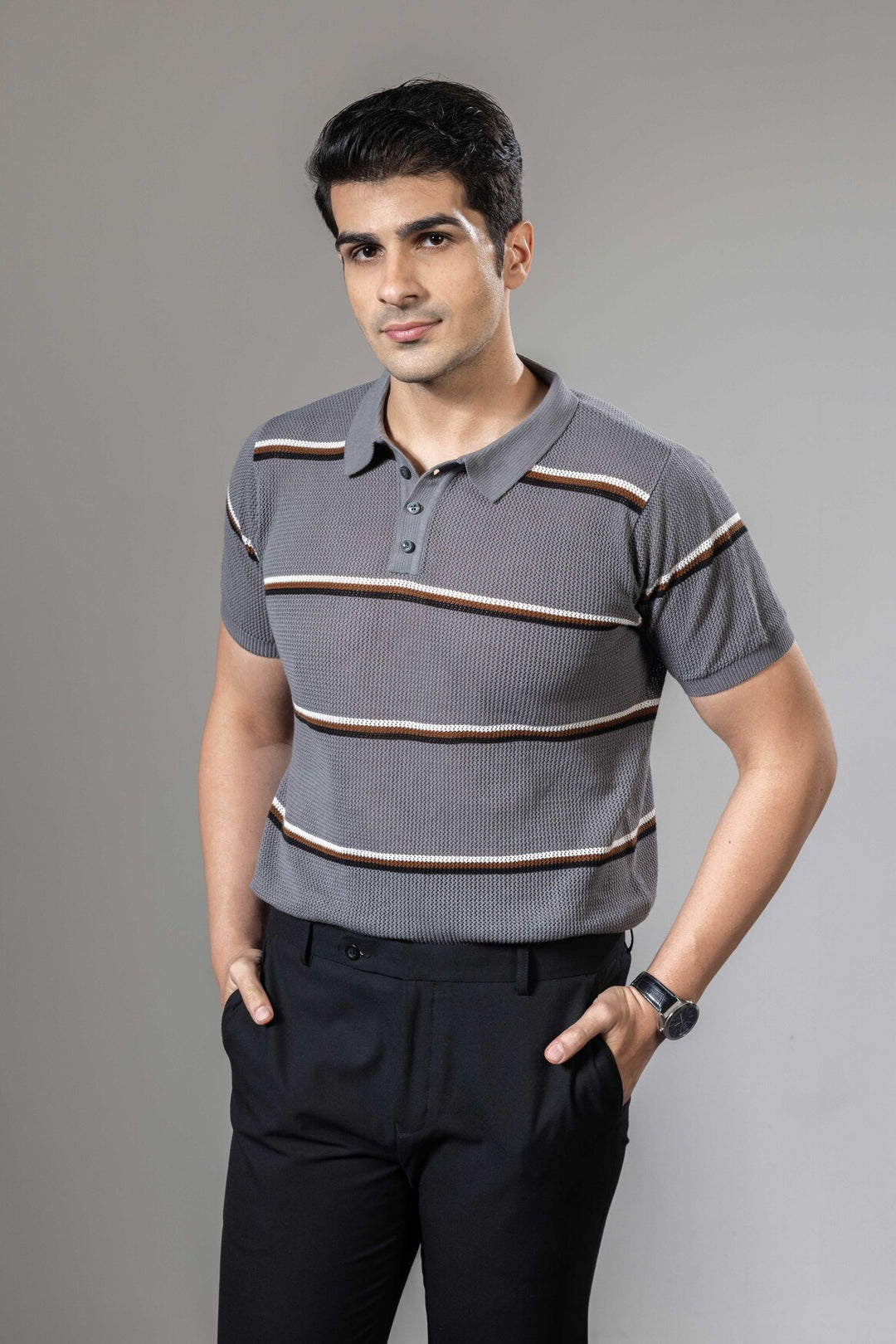 Grey Stripe Flat Knit Premium Polo T-Shirt