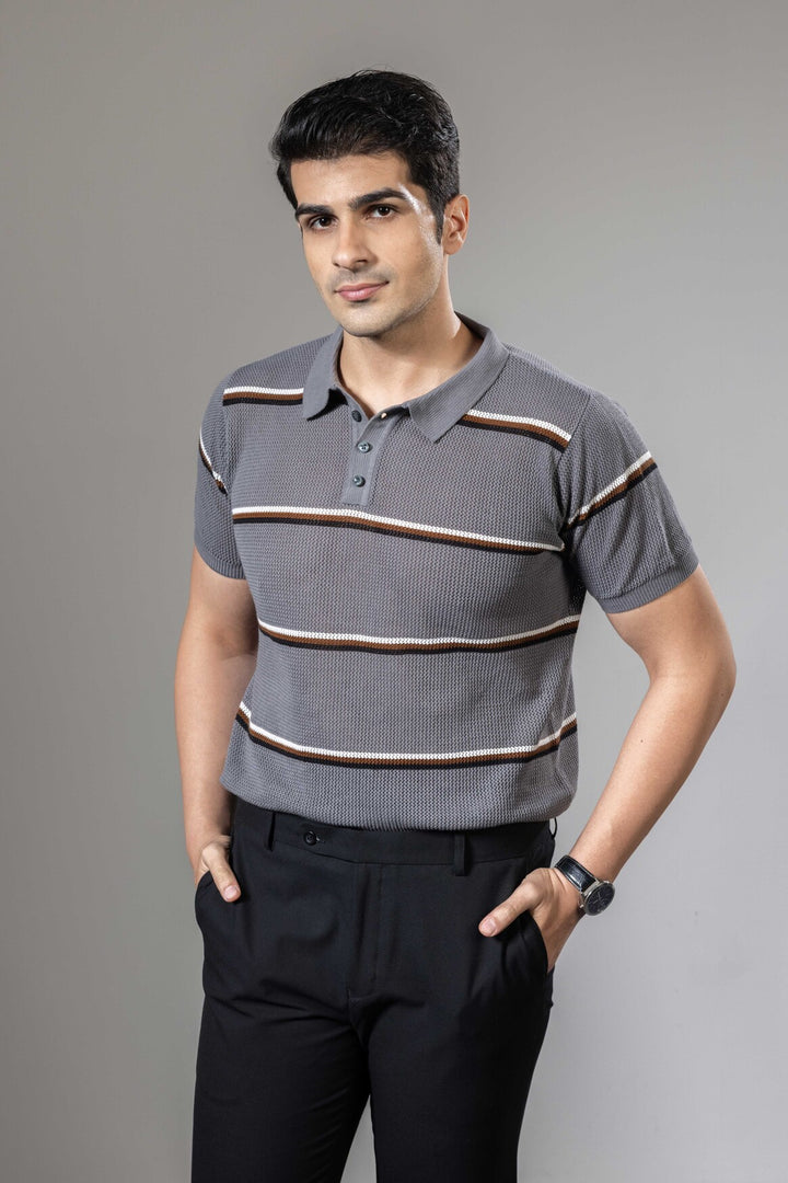 Grey Stripe Flat Knit Premium Polo T-Shirt
