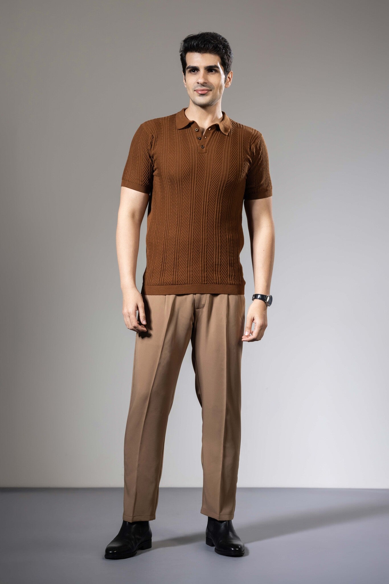 Embedded Textured Brown Premium Flat Knit Polo T-Shirt – Gritstones