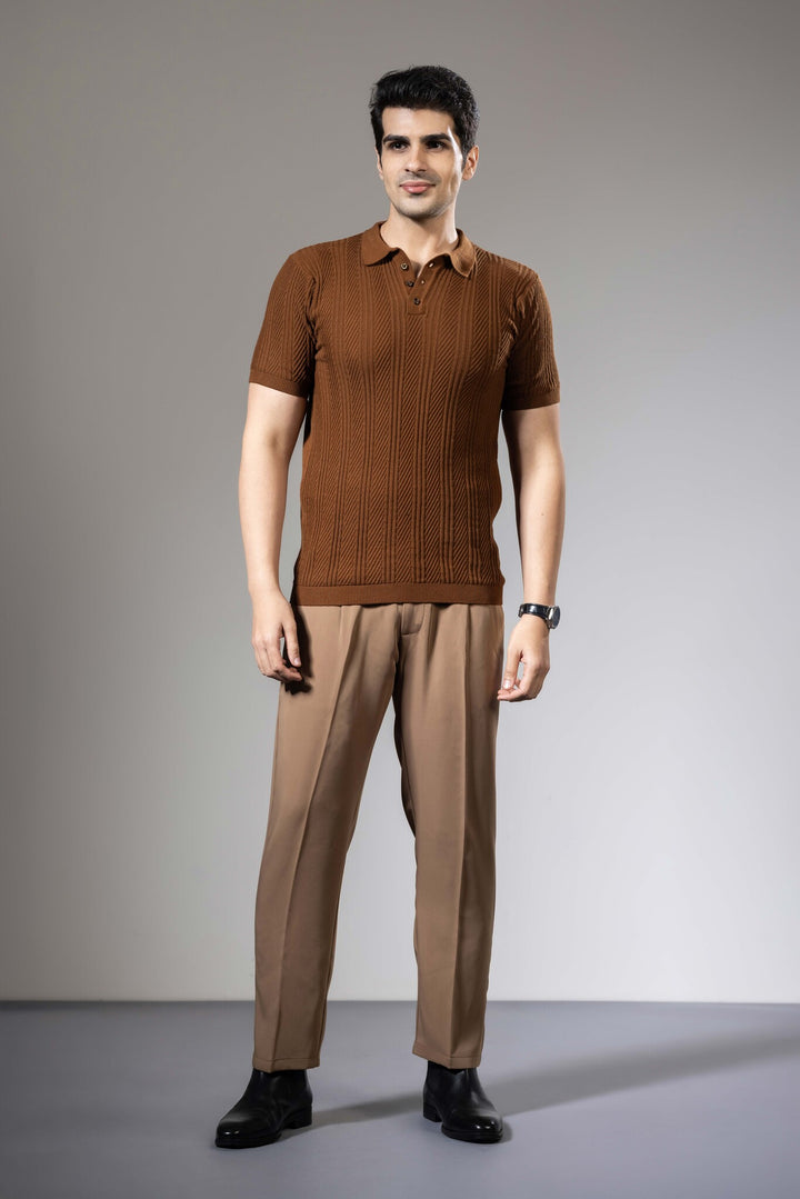 Embedded Textured Brown Premium Flat Knit Polo T-Shirt