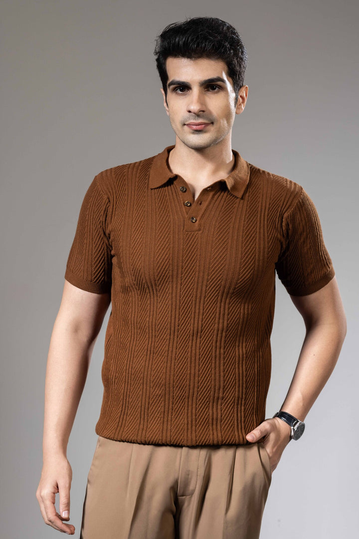 Embedded Textured Brown Premium Flat Knit Polo T-Shirt