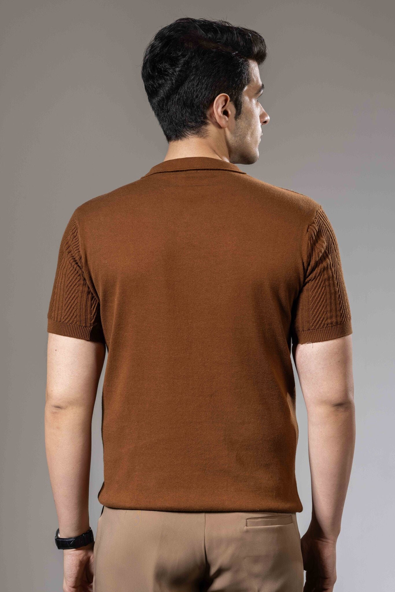 Embedded Textured Brown Premium Flat Knit Polo T-Shirt – Gritstones