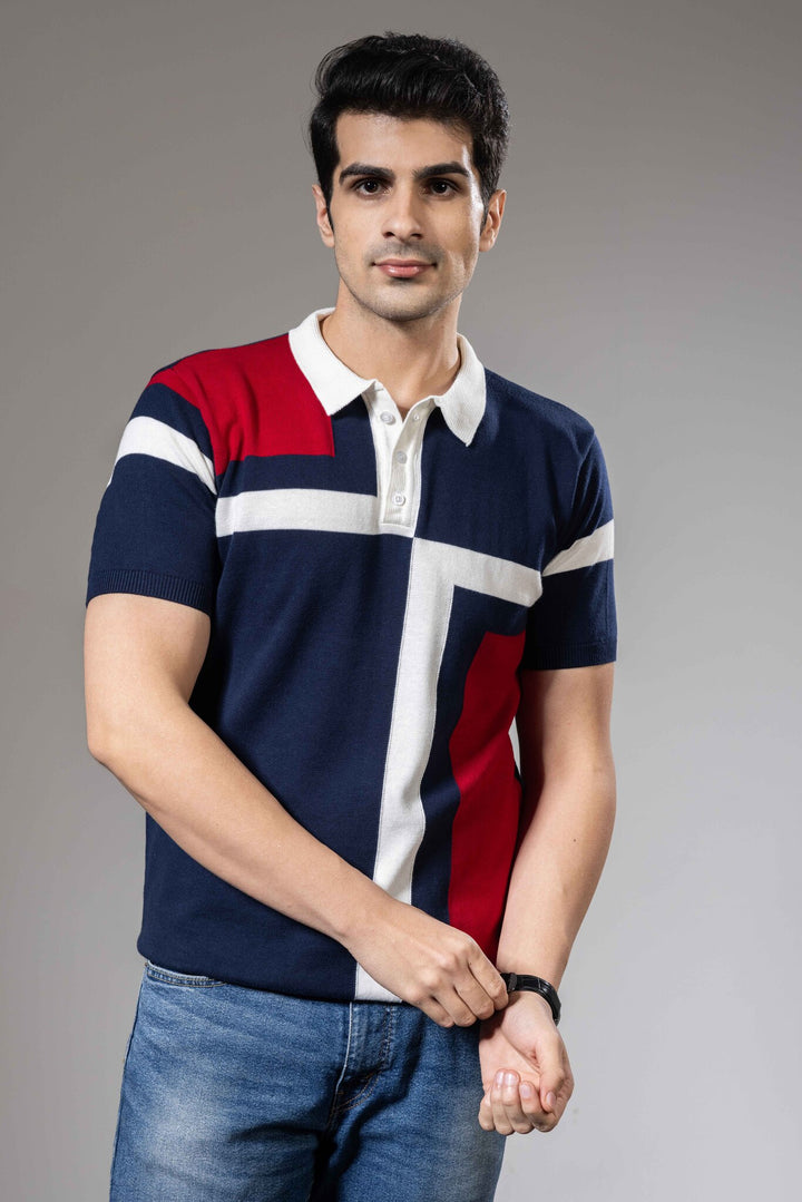 Red White Color Blocked Premium Flat Knit Polo T-Shirt