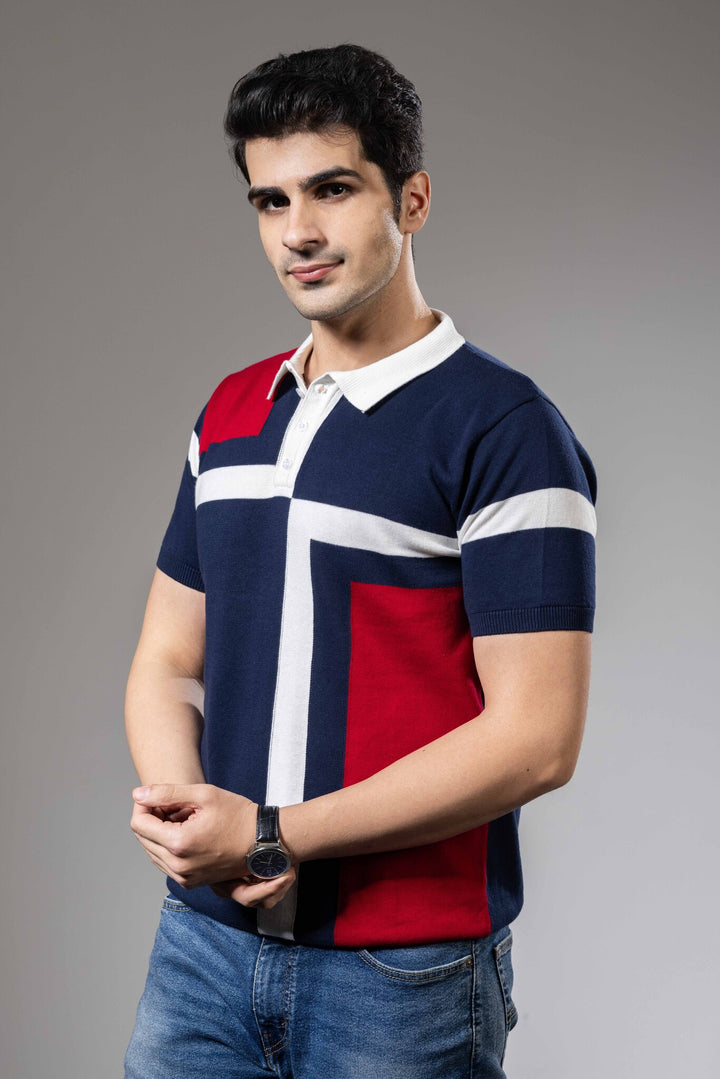 Red White Color Blocked Premium Flat Knit Polo T-Shirt