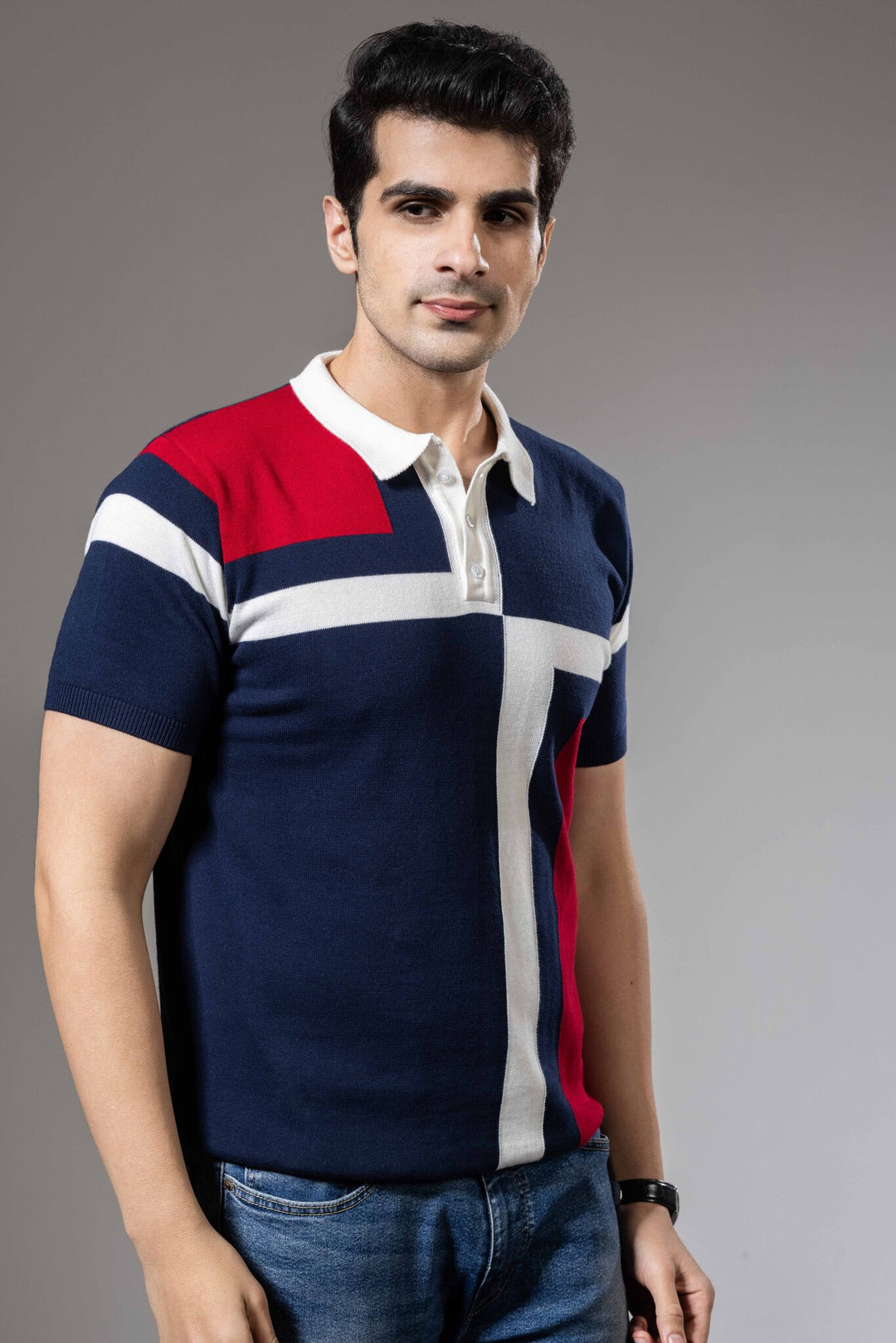 Red White Color Blocked Premium Flat Knit Polo T-Shirt