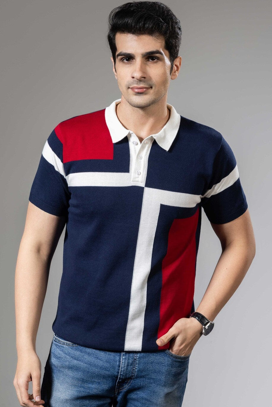 Red White Color Blocked Premium Flat Knit Polo T-Shirt