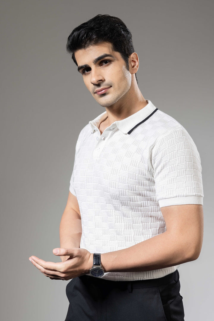 White Self Design Premium Flat Knit Polo T-Shirt