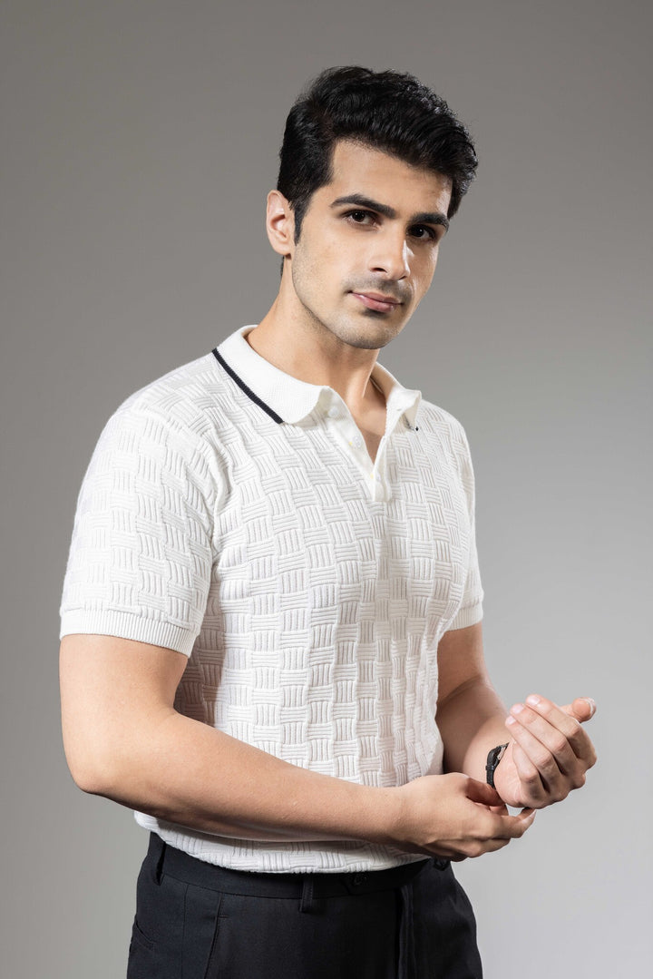 White Self Design Premium Flat Knit Polo T-Shirt